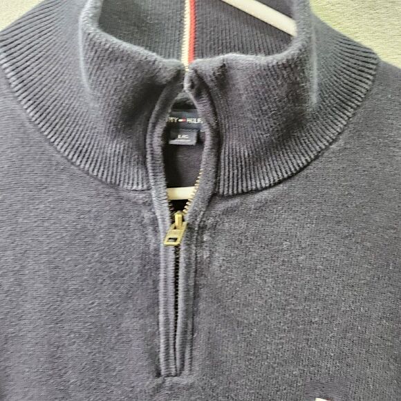 Tommy Hilfiger Sweater Mens Large Blue Knit 1/4 Zip Mock Neck Logo Pullover - Picture 3 of 9